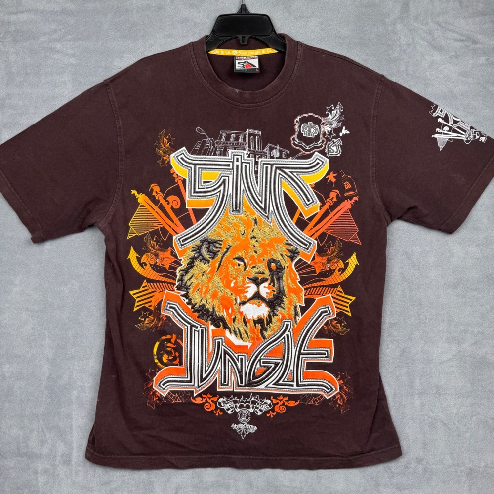 5ive‎ Jungle Lion Embossed Graphic T Shirt Brown Mens Size L Cotton Y2K